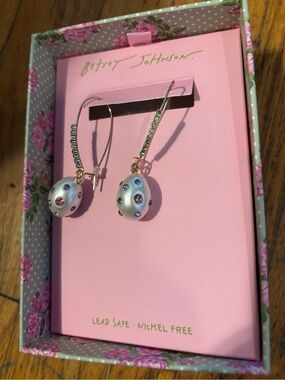 Betsey Johnson Pearl Egg Drop Earrings with Multicolor Crystal Accents